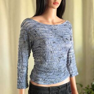 Vtg 90s Y2K Dunia Womens Blue Tie Dye Shirred Smocked 3/4 Sleeve Cotton Top L
